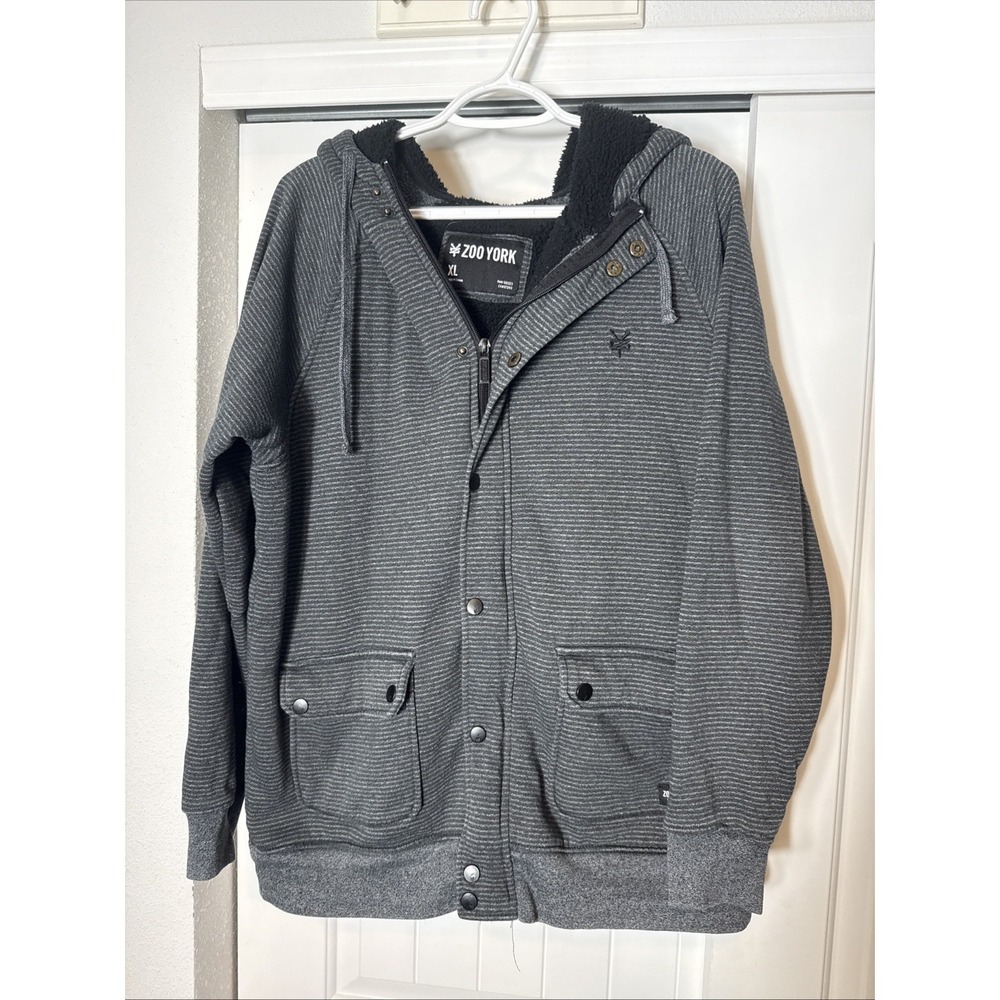 Zoo York Hoodie Mens XL Gray Black Striped‎ Full Zip  Sherpa Lined  Skater